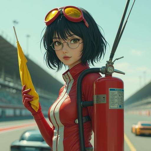 Anime character resembling Ghost in the Shell's Motoko Kusanagi at a racing circuit. Character wears goggles and a red suit. She holds a fire extinguisher and a yellow flag. Background shows a racing track.