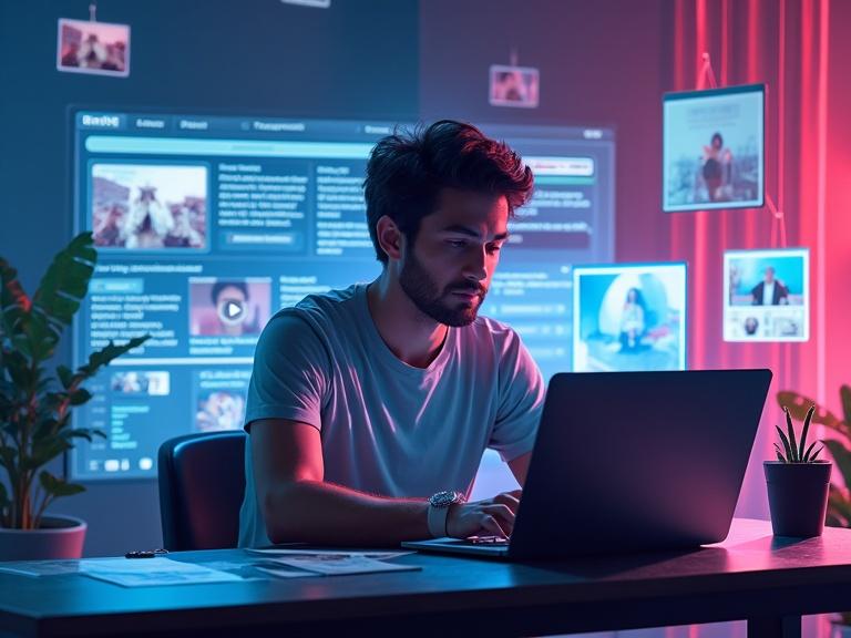 A modern digital creator works intensely on a laptop. Surrounding digital products include e-books and online course modules. Popular TikTok interface displays trending videos and global interactions. The scene showcases a bright and tech-inspired workspace.