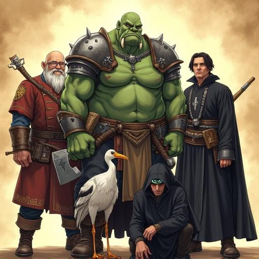 A group of five fantasy adventurers in anime style. Center is a large half-orc paladin with green skin, heavy armor and greataxe. Next to him is a short old gnome artificer with glasses and mechanical gadgets. A crane monk humanoid bird stands poised. A serious human cleric in black robes is present. A sleek black tabaxi ranger crouches with a bow. Background is a soft glow.