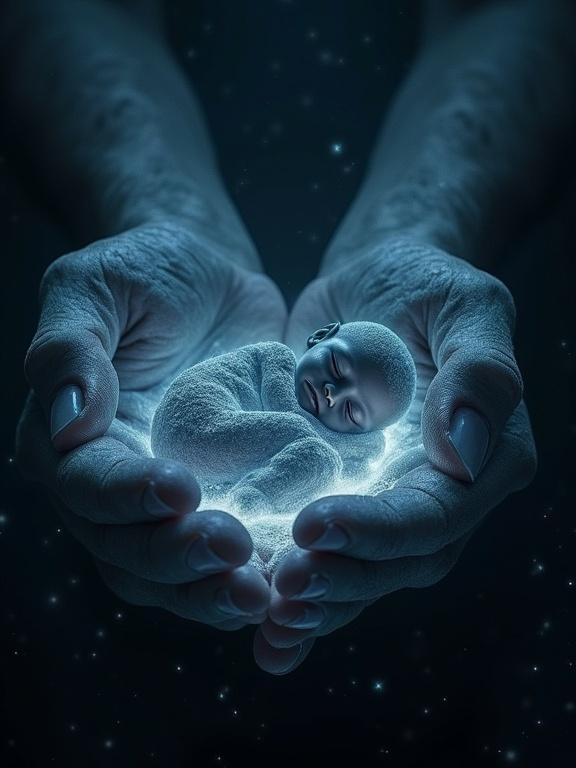 A luminous human figure curled up and sleeping peacefully in the center of two giant protective hands made of starlight. The hands form an almost closed sphere that shields the figure. The atmosphere represents divine refuge and complete trust. The scene depicts unbreakable safety and profound peace.