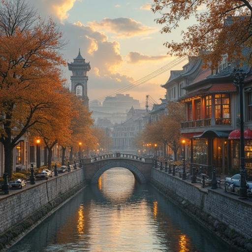 A scenic view of a canal surrounded by autumn trees and historic buildings. A charming arched bridge crosses the canal under a beautifully lit sky with soft clouds.