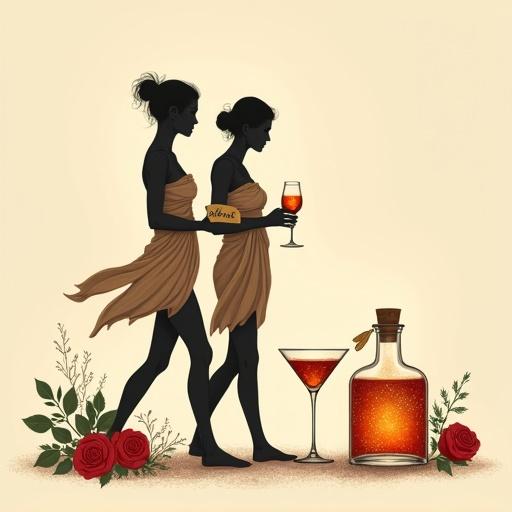 Artwork depicts two modern Germanic goddesses in a sun-drenched orchard. Each goddess holds a cocktail glass and wears flowing sarongs. They walk towards the viewer. An apothecary bottle filled with glowing elixir is nearby, with two matching cocktail glasses beside it. Surrounding elements include roses and herbs, all set against a beige background. The style is minimalist with bold, clean strokes, following the golden ratio.