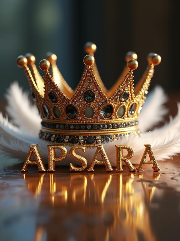 3D render of a golden crown floating above the word APSARA in gold font. The crown has gemstones and reflects soft light. White feathers surround the text. Background is softly blurred. Warm diffused lighting emphasizes the crown and text.