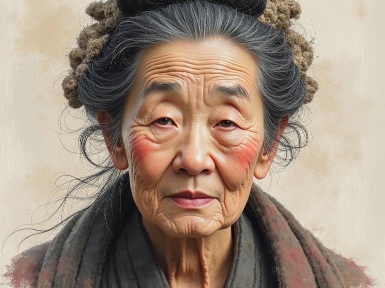 Portrait of a wise Korean old woman. Captures essence of East Asian artistry. Beautiful aging with dignity and grace. Depicted in serene Chinese ink painting style with impasto.