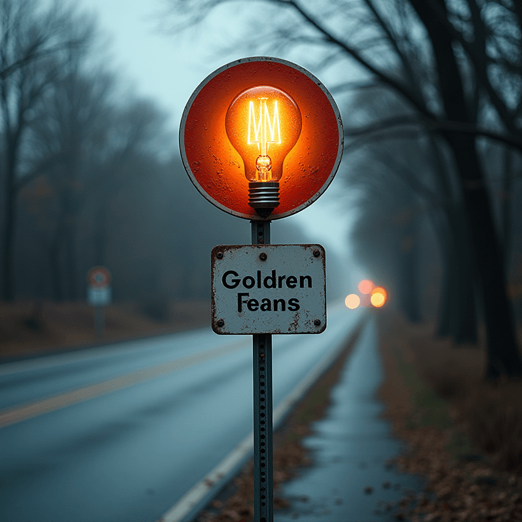 A lit light bulb on a signpost illuminates a foggy road scene.