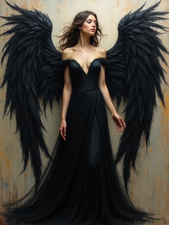 Image of a female angel with large black feathered wings. Style is neoclassical with post impressionism touches. Depicted with surreal and abstract elements. Oil painting technique emphasizes textured areas and heavy brush strokes.