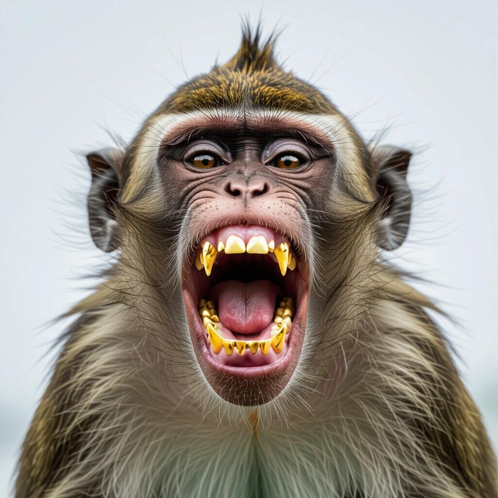 Close-up of a screaming monkey showing gold teeth. Monkey has a fierce expression with open mouth. Background is blurred out to focus on monkey.