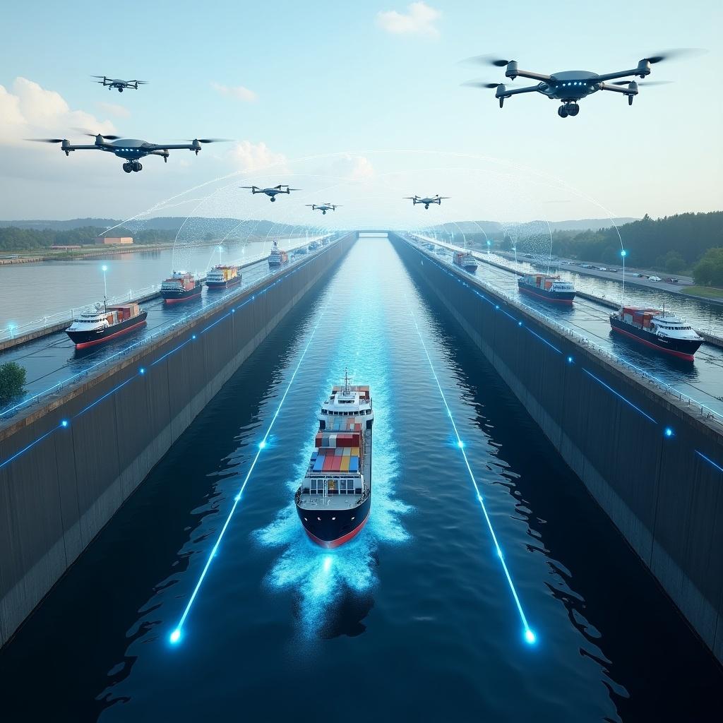 This image depicts a futuristic smart water transport system, with a modern lock at its core. Multiple advanced ships are passing through the lock, showcasing a new era in maritime transport. Drones are hovering above, collecting data and monitoring the scene, while innovative IoT sensors are integrated throughout. Blue light sources highlight the technology involved, creating an impression of a sophisticated system. Underwater and surface facilities are designed to enhance efficiency and safety in ship traffic management, embodying the principles of environmental sustainability and advanced technology.