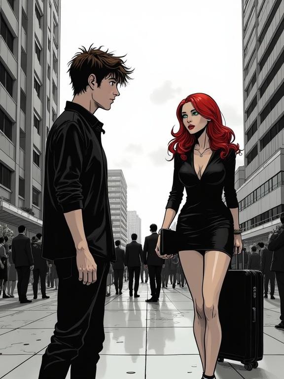 Stylized comic panel set in Buenos Aires 2025. Crowded downtown avenue under cloudy sky. Young man stands surprised. Woman in black dress with red hair offers a survey. Passersby in business attire. Mood heavy with noir tension. High-contrast black and white with selective red.