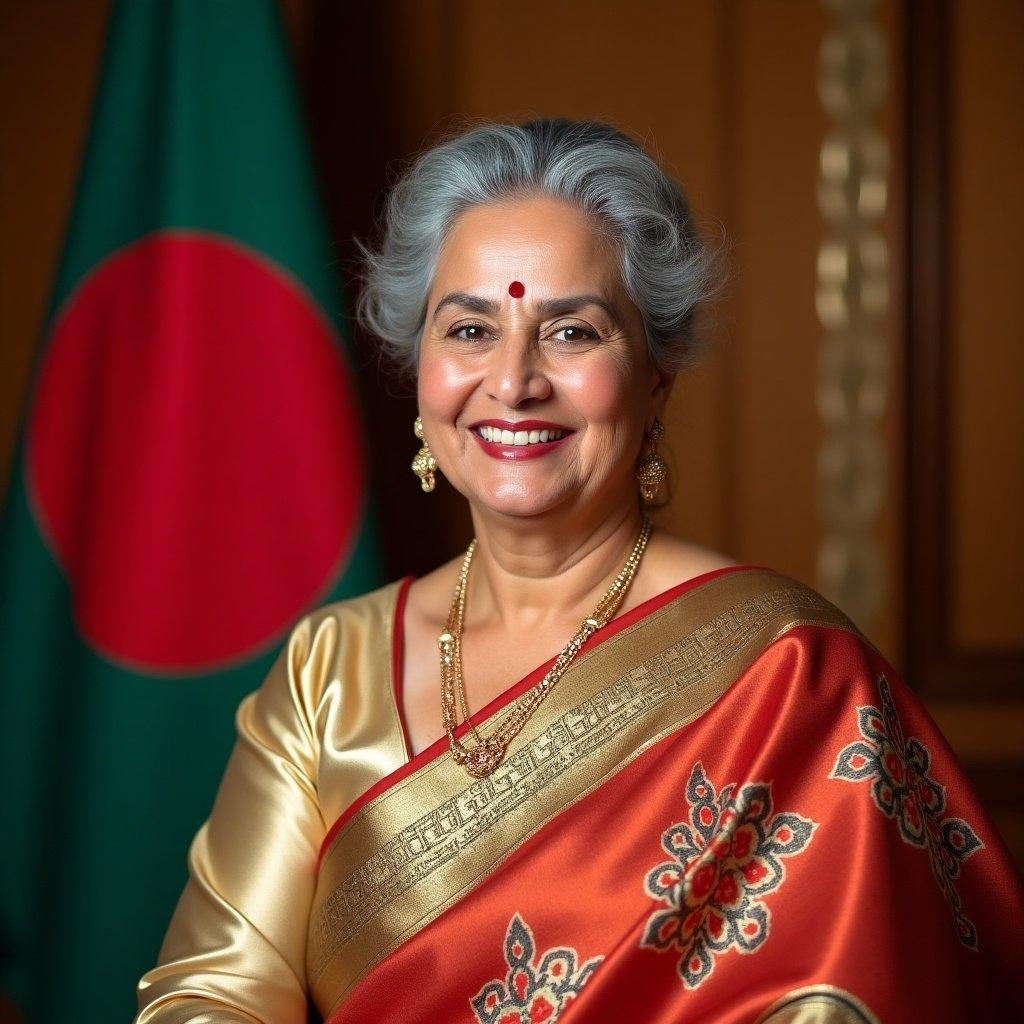 Portrait of a woman wearing traditional South Asian attire. Background features the national flag of Bangladesh. Elegant dress highlighted in red and gold. Warm lighting captures the dignified expression.