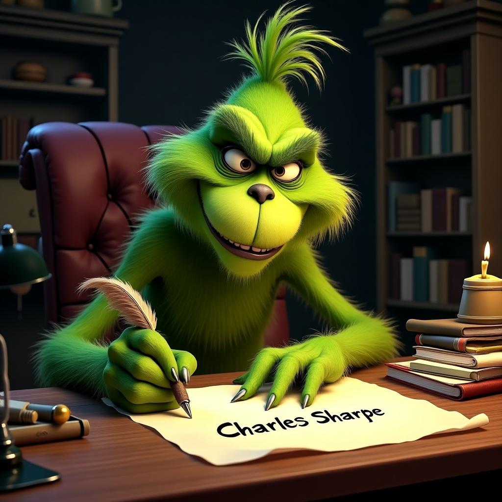 The Grinch character writes on paper. The setting includes a cozy desk and books.