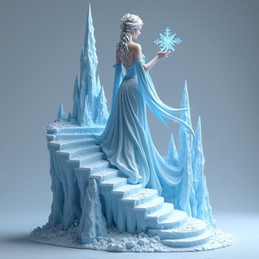 A hyper-realistic resin collectible figurine of an Ice Sorceress. She ascends an ornate ice staircase, holding a snowflake. The base features snow textures and ice towers. Ideal for high-end resin printing.