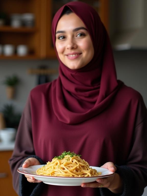 Woman in maroon hijab holding plate of noodles in a cozy kitchen. Background suggests warmth and home-cooking. Outfit is modest and elegant.