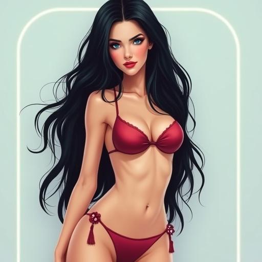 Illustration of a girl with long black hair and a prominent figure. She wears a red bikini and has a subtle blush on her cheeks. Focus on her beauty and style without background distractions.