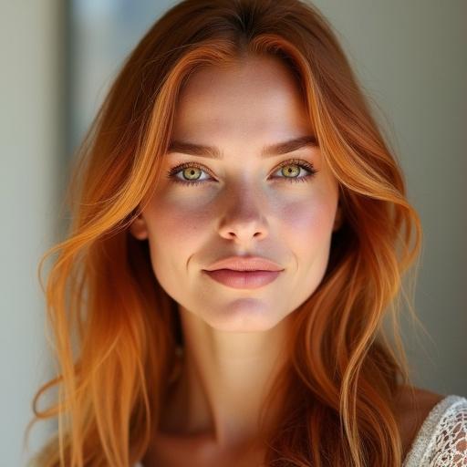 Photorealistic portrait of a 24-year-old woman with long strawberry blonde hair and hazel eyes. She has full lips and a soft smile. Photo taken in a sunlit studio. Shallow depth of field highlights her features.