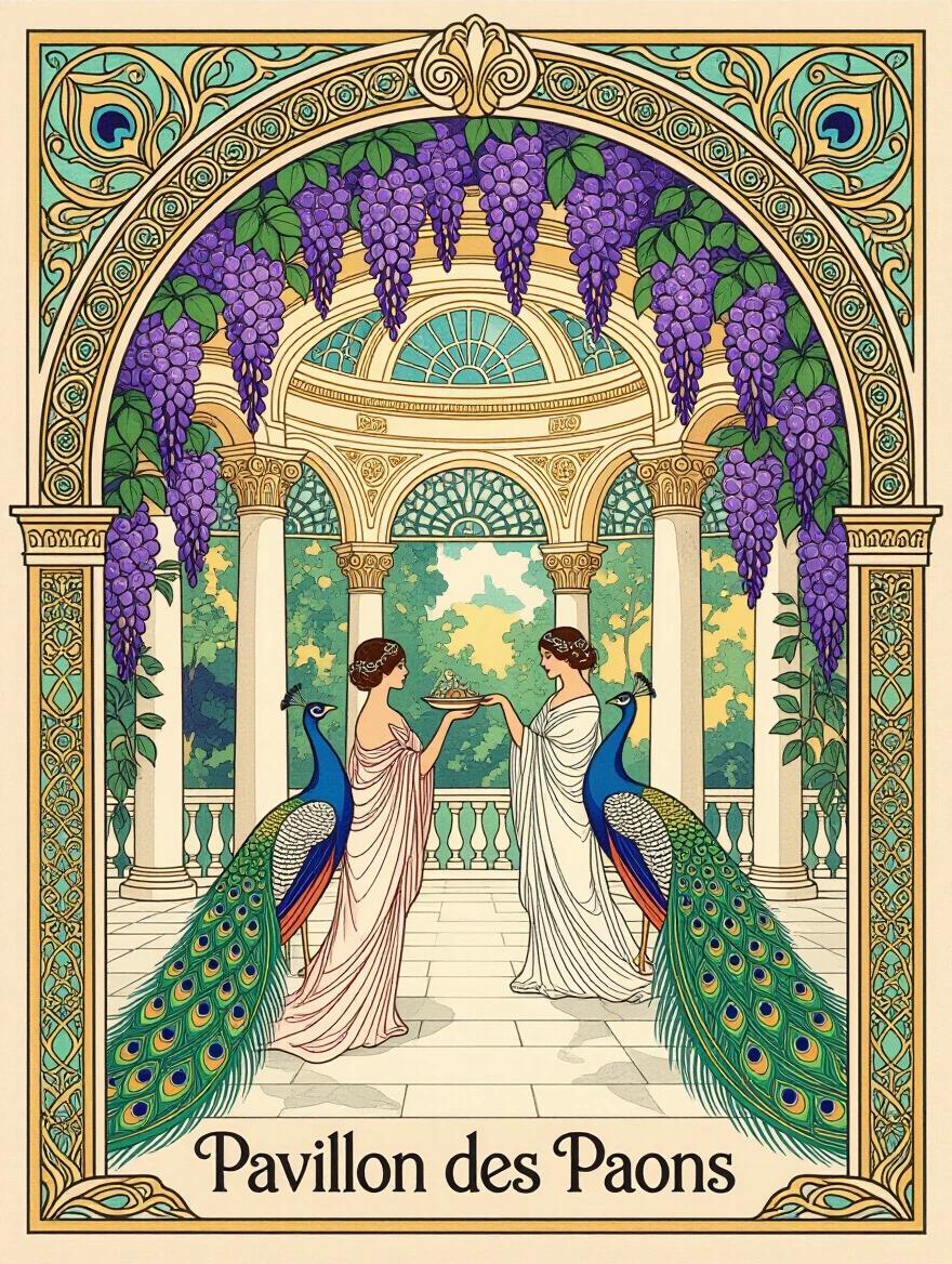 Art Nouveau paper-cut illustration featuring a central classical pavilion with flowing columns. Elegant woman in flowing robes feeds exotic peacocks. Blooming wisteria vines drape ornate arches. Cascading purple flowers surround the scene. Stylized peacock feathers with iridescent displays are prominent. The artwork has an intricate decorative frame with whiplash curves and peacock eye motifs. Geometric stained-glass patterns in blues, purples, and gold enhance the background. Soft afternoon light casts dappled shadows on marble floors. Image features 'Pavillon des Paons' in elegant Art Nouveau script. Designed with layered floral and architectural relief and a jewel-tone vector palette.