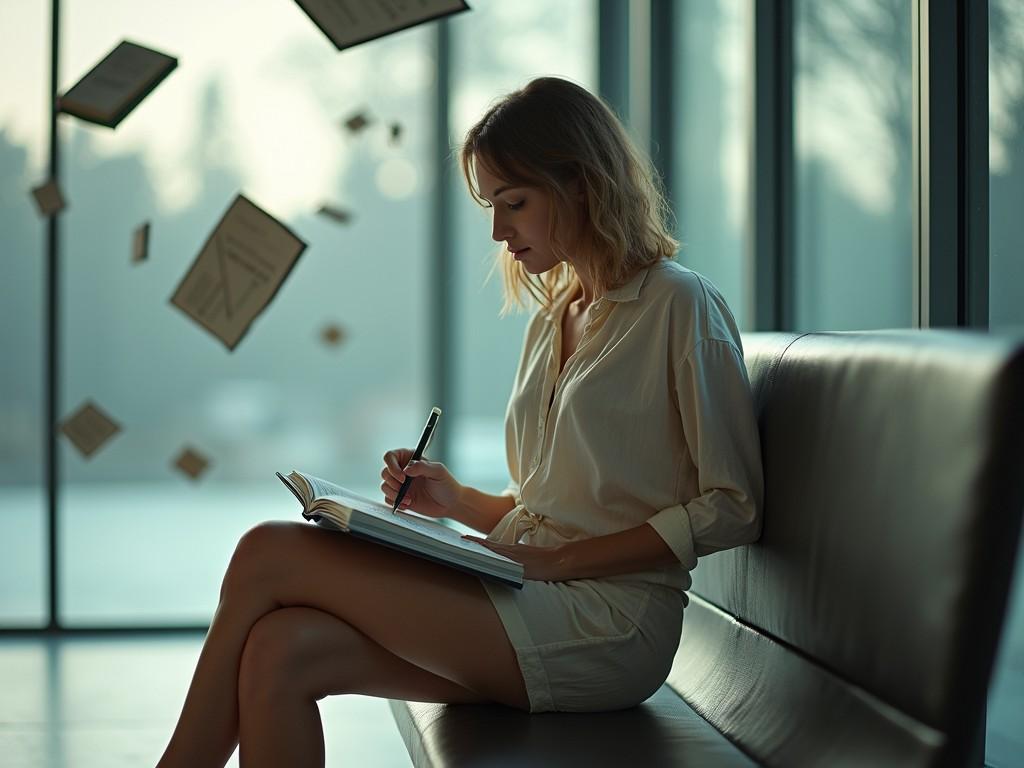 A serene image captures a young woman writing in a notebook while sitting on a modern couch. Her focus is on the writing, as the soft daylight filters through large glass windows, creating a tranquil setting. Sheets of paper float mid-air around her, suggesting a moment of creativity and reflection.