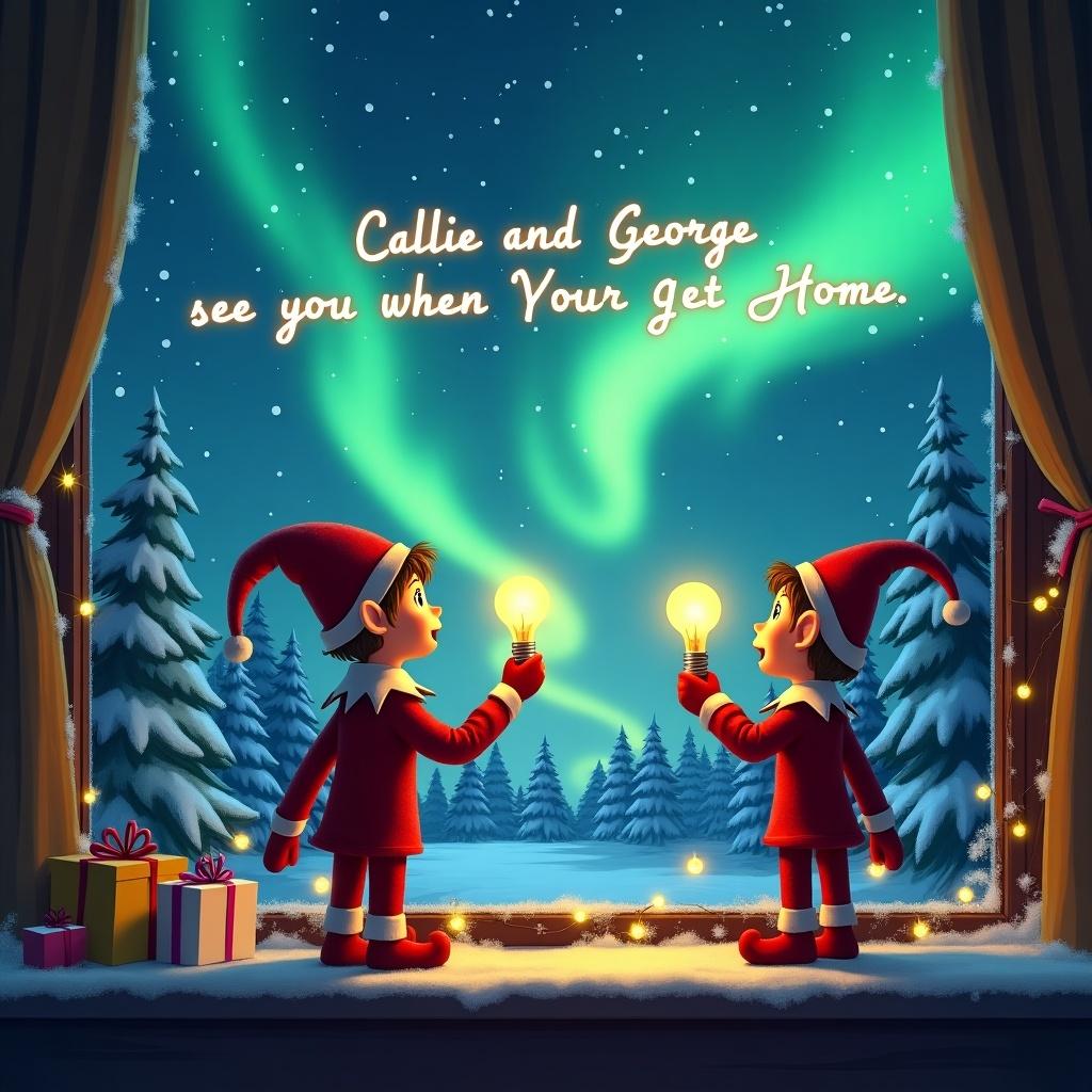 Two excited elves gaze at northern lights from a window. One elf holds a light bulb. The sky has text that reads Callie and George see you when you get home. Snow and holiday decorations are on the window ledge. Outside view features snow-covered trees and a joyful ambiance. The scene embodies the festive spirit of Christmas.