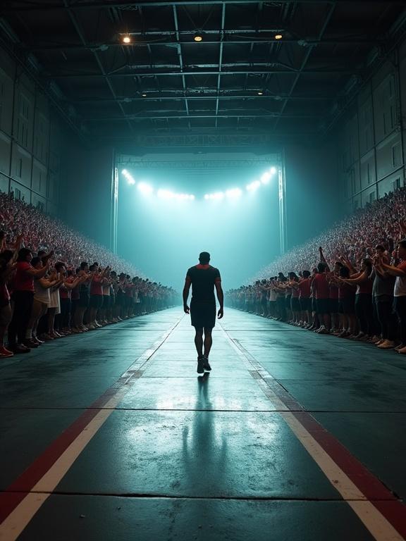 Walking through a tunnel into an Olympic weightlifting arena. Crowd cheering loudly. Intense spotlight ahead illuminating the space. Cinematic lighting creates a dramatic feel. Realistic GoPro-style perspective. High-resolution imagery.