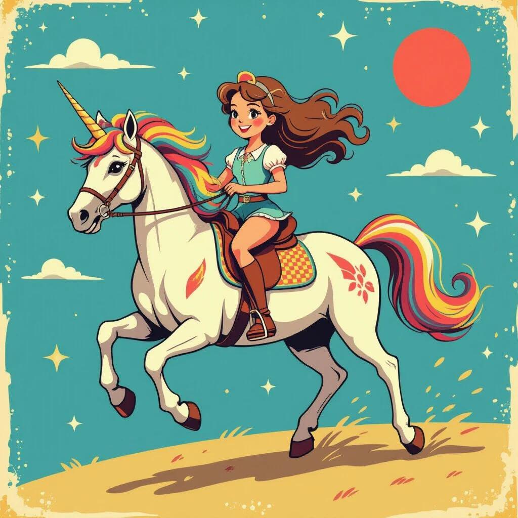 Girl with long hair rides a unicorn. Retro illustration style with vibrant colors. Joyful scene in a fantasy setting. Unicorn gallops across a pastel background. Nostalgic feel with a touch of whimsy.