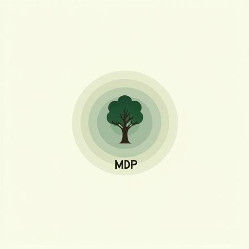A minimalist logo features a single stylized poplar tree. Concentric rings symbolize spreading knowledge. Include the acronym MDP beneath or within the rings. Palette transitions from deep forest green to softer shades outward.