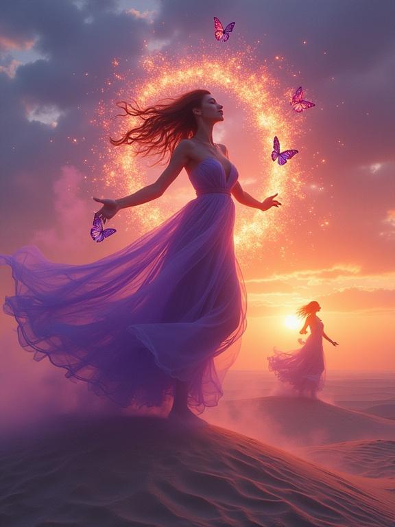 Twilight scene with female figures made of purple smoke and orange fire. They dance over levitating sand dunes. Abstract sky with circular brushstrokes and fractal glass butterflies.