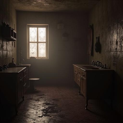 Interior of a dimly lit room with cabinets and sink. A window provides the only light. The atmosphere is dark and moody.