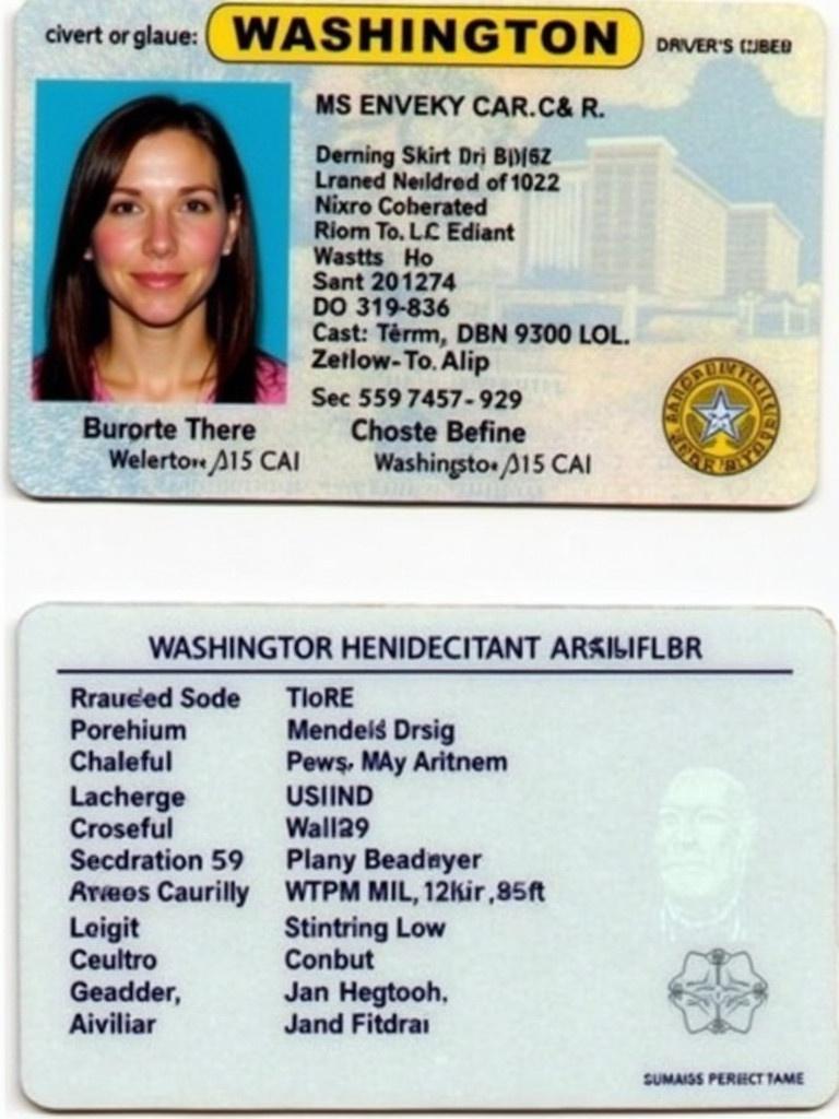 Fake driver's license from Washington showcasing specific information. License number suggests authenticity. Date of birth and address demonstrate residency. Personal features listed including height and weight for identification.