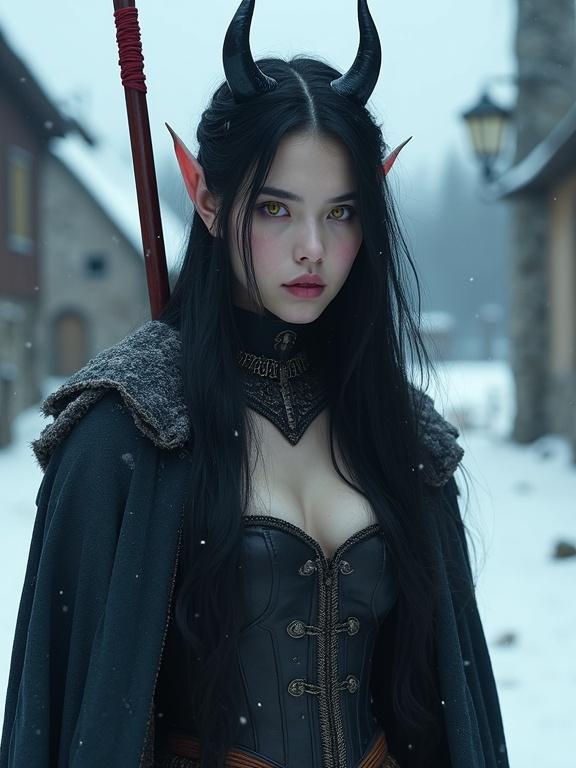 A beautiful young devil woman with long black hair and two small horns, wearing a sleeveless corset dress with a heavy cloak, stands in a snowy medieval village. She has sky blue skin and vibrant yellow eyes, expressing loneliness. A long lance rests over her shoulder, suggesting a fantasy theme.