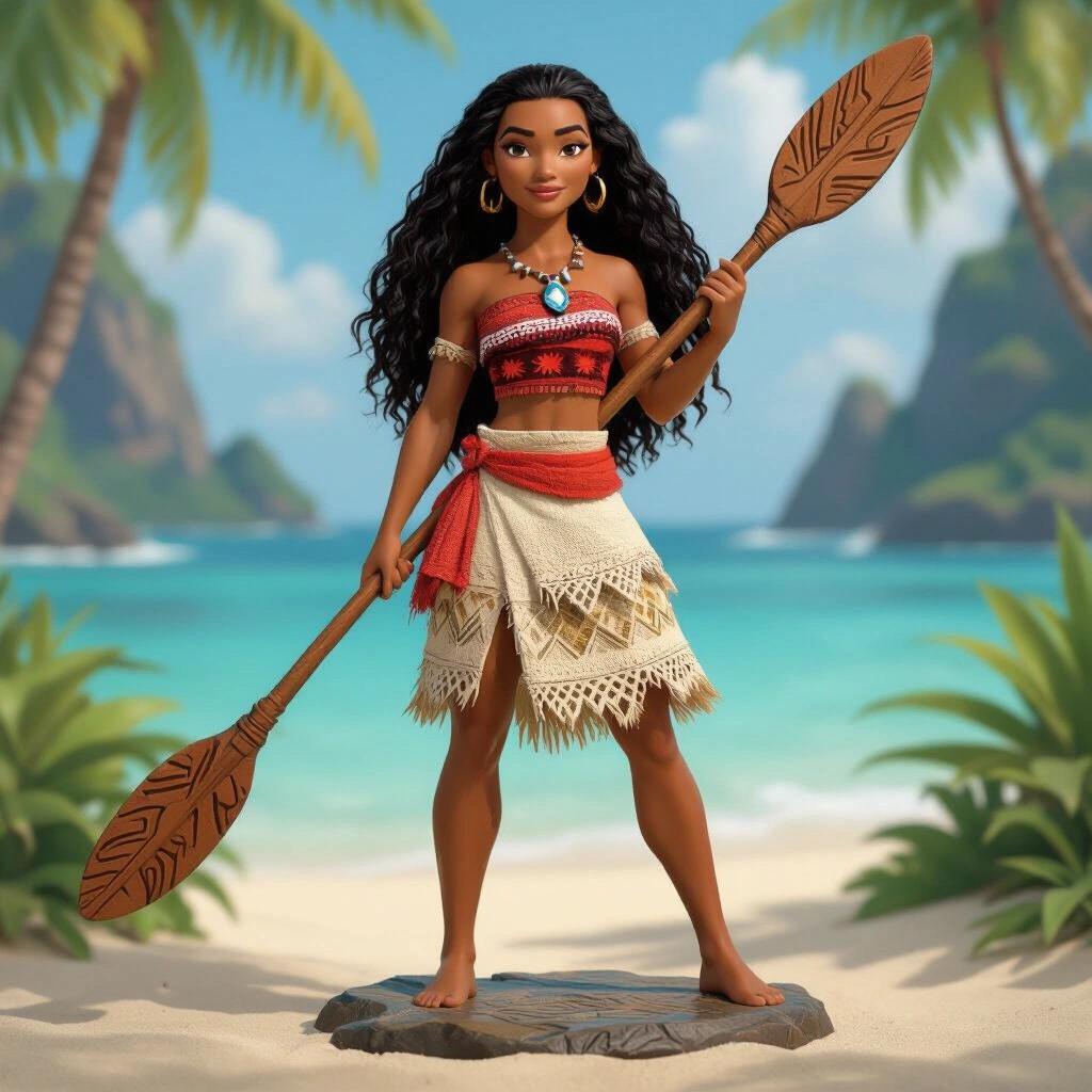 Ultra-detailed resin figure resembling an ocean princess. Tall, slender young woman stands in a sensual pose. Wears a tribal dress with flowing fabrics. Holds a ceremonial oar. Long, wavy hair moves with the sea breeze. Expression shows freedom and nature connection. Base shows a rocky platform surrounded by magical water.