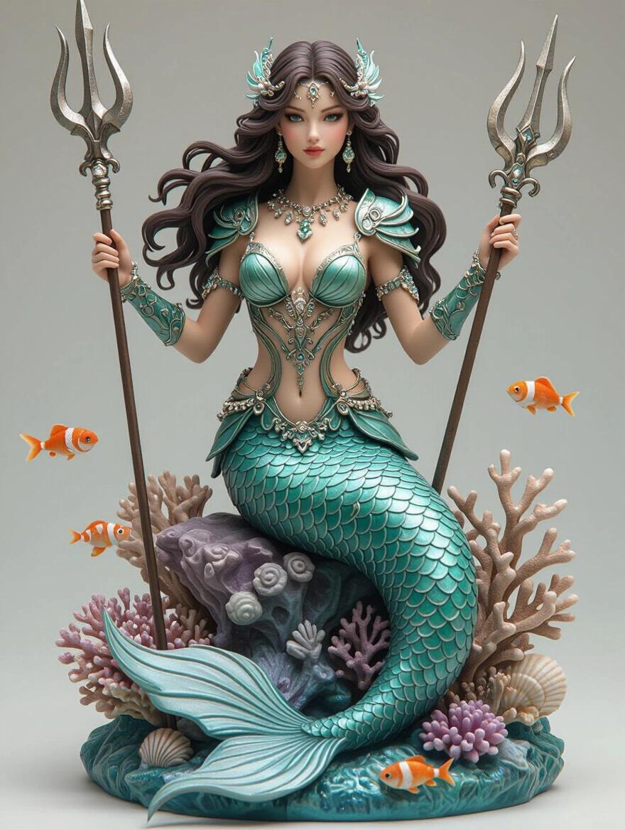 3D figurine of Pisces zodiac goddess. Mermaid tail with shimmering turquoise scales. Upper body in form-fitting armor adorned with shells and pearls. Holds ornate trident. Expression is mystical and powerful. Sits on coral with fish. Long flowing hair. Realistic style for resin printing. No background. Studio lighting.