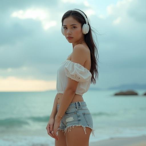 Ultra-realistic portrait of a female character. She stands on a cloudy beach, arms loosely folded, facing forward. Wearing over-ear headphones, a loose off-shoulder top and fitted shorts. Body highlights confident and relaxed sensuality. The scene captures her natural curves, illuminated by soft lighting. Facial features showcase radiant skin, expressive eyes, and soft lips with natural makeup. Fabric and hair movement align with the beach setting for a grounded realism.
