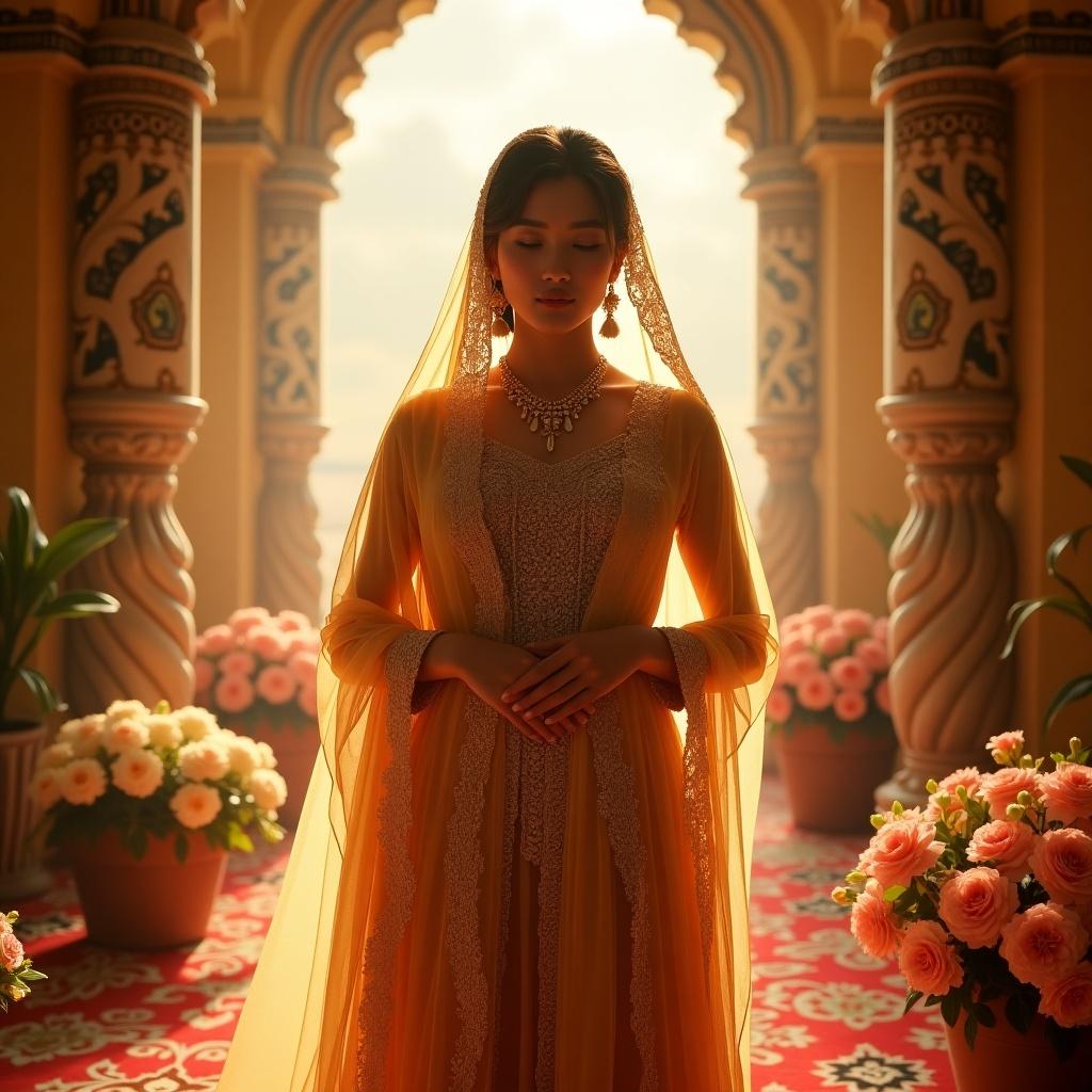 A woman in a yellow traditional dress stands gracefully in an ornate space. Warm backlighting creates a glow around her. Flowers and architecture enhance the cultural setting.