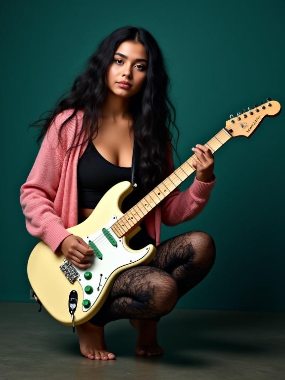 Photograph featuring a young woman with long, wavy black hair. She squats on the floor, holding a cream electric guitar. The woman has a light brown complexion and a neutral expression. Wearing a pink cardigan and black lace-patterned leggings, she is barefoot. The background is dark teal with a smoky effect. The photo highlights her and the guitar in even lighting.