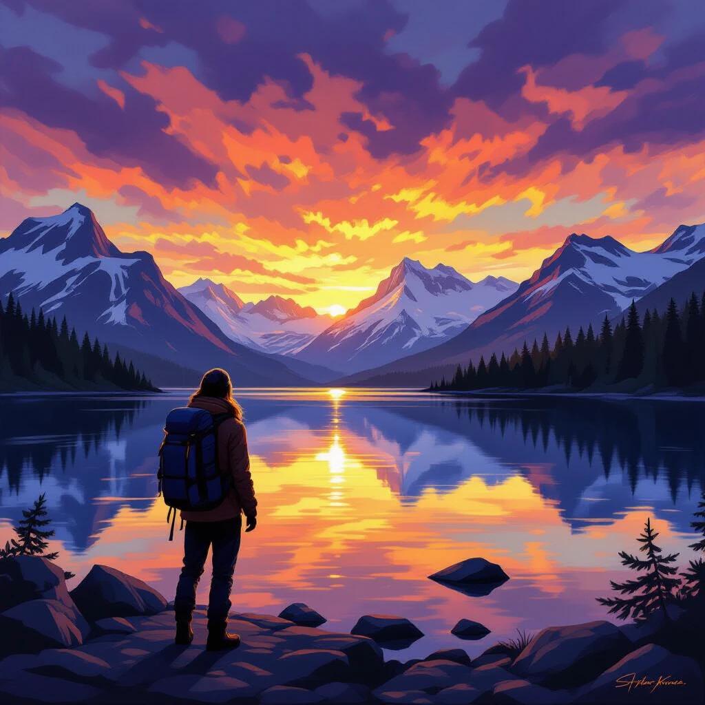 Dramatic oil painting showing a lone hiker standing on rocky shores of an alpine lake. The hiker gazes at snow-capped mountains reflected in still water. Vibrant colors in the sky - golden yellows deep oranges magenta purple clouds create a spectacular sunset reflection. Pine trees frame the scene. Crystal-clear lake mirrors colorful sky and mountain silhouettes. Wet rocks gleam with reflections. Backlighting creates a silhouette against the dramatic sky. Painterly style captures wilderness solitude and natural grandeur.