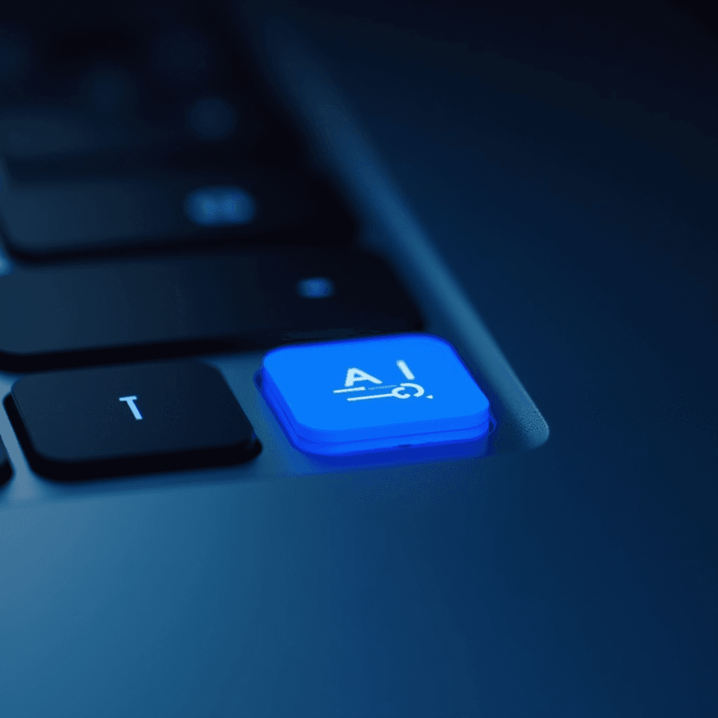 The image features a close-up of a computer keyboard, focusing on a distinctive key with a bright blue backlight. The key prominently displays the letters 'AI' in white, indicating a functionality related to artificial intelligence. The surrounding keys are dark with subtle illumination, providing a contrast that emphasizes the blue AI key. The lighting and focus give the scene a futuristic and tech-savvy ambiance, highlighting the modernization and integration of AI in everyday technology.