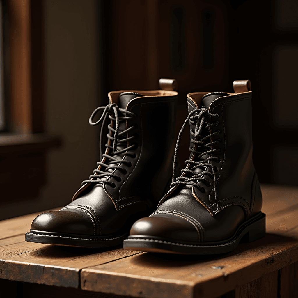 The image showcases a pair of elegant black leather boots placed on a rustic wooden surface. The boots have a glossy finish, accentuated by strategic lighting that highlights their smooth texture. They feature detailed stitching, visible on the cap toe and along the seams, adding an element of craftsmanship. The laces are neatly tied, and the boots have pull tabs at the back, emphasizing their functionality. The background is softly blurred, focusing attention on the boots while suggesting a warm, indoor setting. This evokes a sense of classic style and quality craftsmanship.