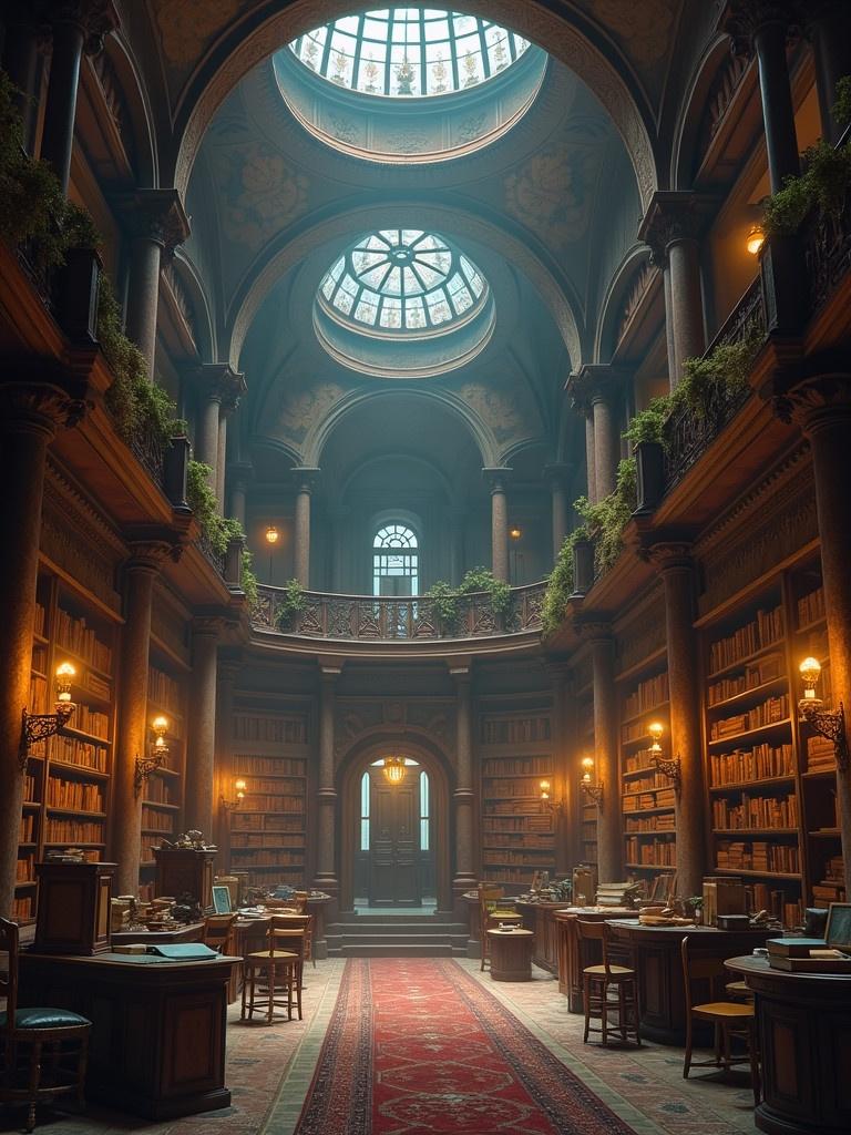 An ancient library filled with shelves of books. The setting has magic books flying around. High ceilings with stained glass skylights. Elegant design with wooden accents and cozy furniture.