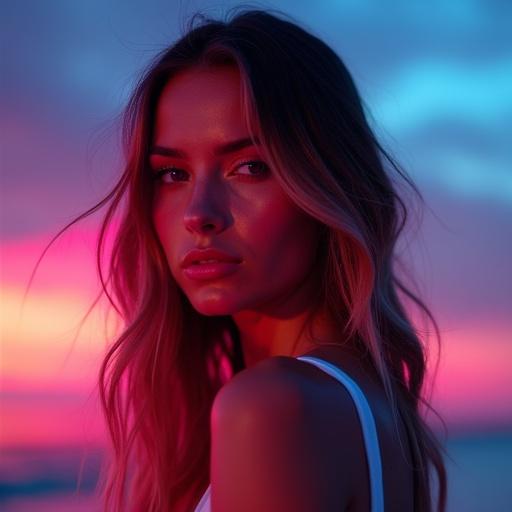 Portrait of a girl on the beach with layered neon lights. She has seductive red lips. Background features vibrant neon effects.