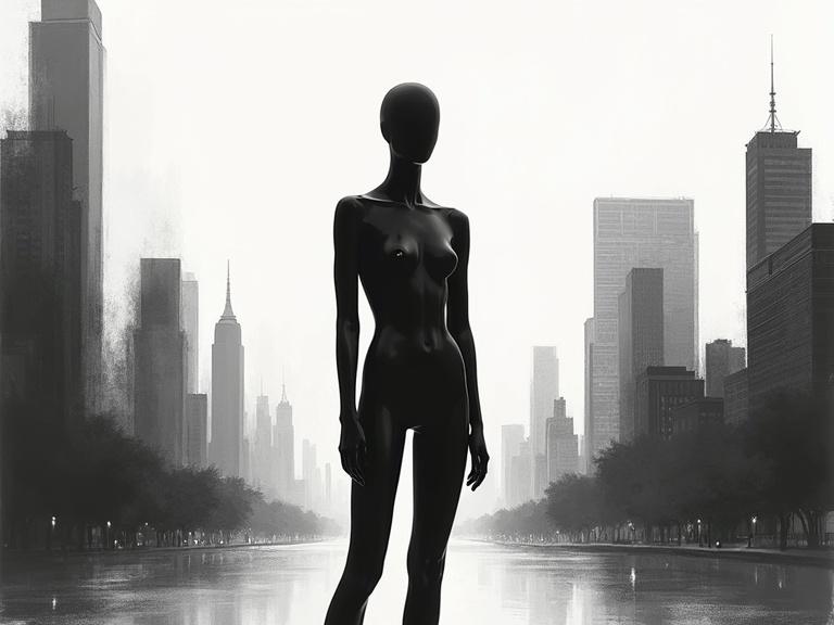 Painting of a human form resembling a fashion mannequin in a city landscape. Minimalist abstract illustration features a faceless humanoid silhouette. Bold monochrome background with sharp color contrasts. Clean negative space creates a surreal emotional effect. Fashion editorial vibe enhances the high-concept visual storytelling.