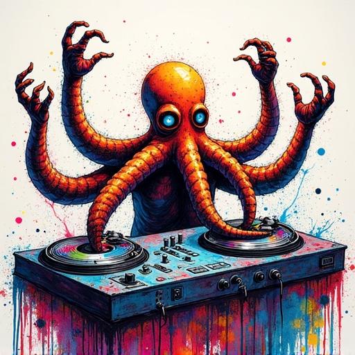 Tentacled DJ with multiple arms spinning colorful records in a chaotic style. Crayon, ink, and marker media. Evokes an ecstatic, groovy mood. Features circular motion around the central figure with neon ink splatter and warped records.