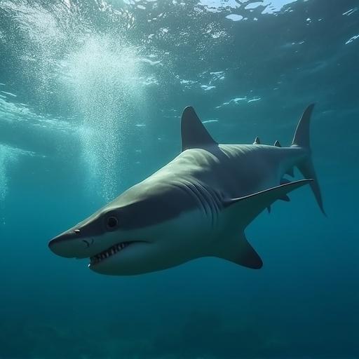 A formidable shark glides effortlessly through the clear ocean water. The scene captures the majestic presence of the shark, showcasing its sleek body and powerful fins. Bubbles rise to the surface from below, illuminating the environment of the underwater world.