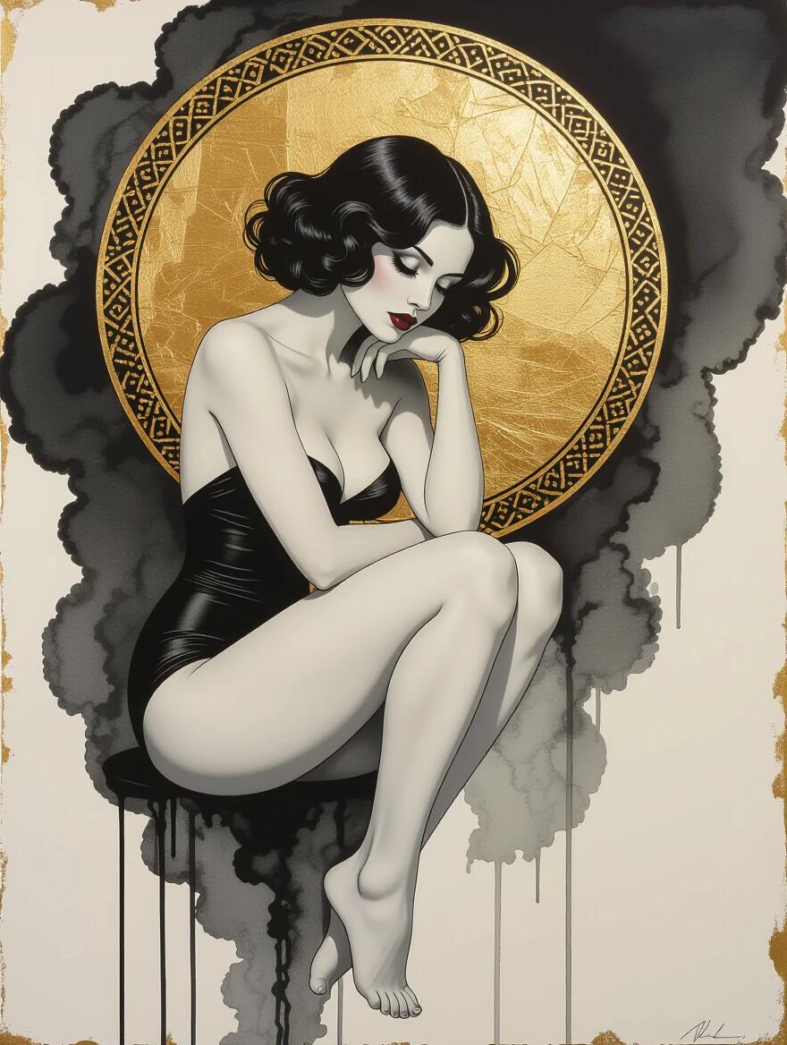 Artwork features a seated female figure posed thoughtfully. Emphasizes form and elegance with a minimalist black and white color scheme. Background features a gold circle creating contrast. Ink wash technique adds texture. Weathered appearance enhances sophistication.