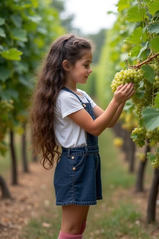 A 10 year old girl with long curly dark brown hair inspects grapes in a vineyard. She wears a short white top, a dark blue skirt, and pink ankle socks. The scene captures her in profile beside vine rows.