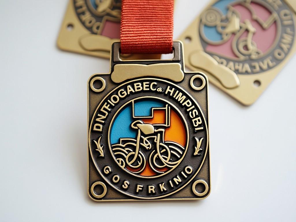 This image features a beautifully designed medal intended for cycling competitions. The medal showcases a stylized bicycle within an intricate emblem, complete with colorful details in blue, orange, and red. It has a vibrant ribbon attached to its top, giving it an eye-catching appearance. The design reflects the spirit of cycling and sportsmanship. This medal could be used for awards at cycling events or as a commemorative piece for participants.