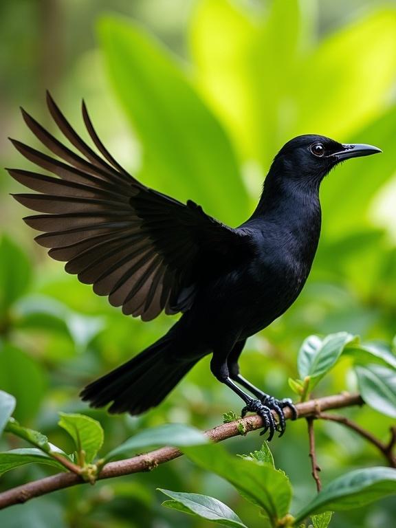 A predatory bird attacks a smaller bird's nest. A black bird elegantly spreads its wings amidst lush green foliage.