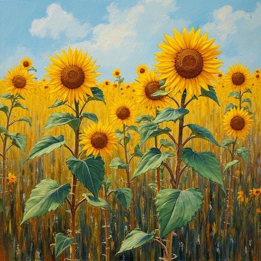 Fading sunflowers in a wild field. Post-impressionist brushwork reflecting Van Gogh's style using impasto oil on canvas.