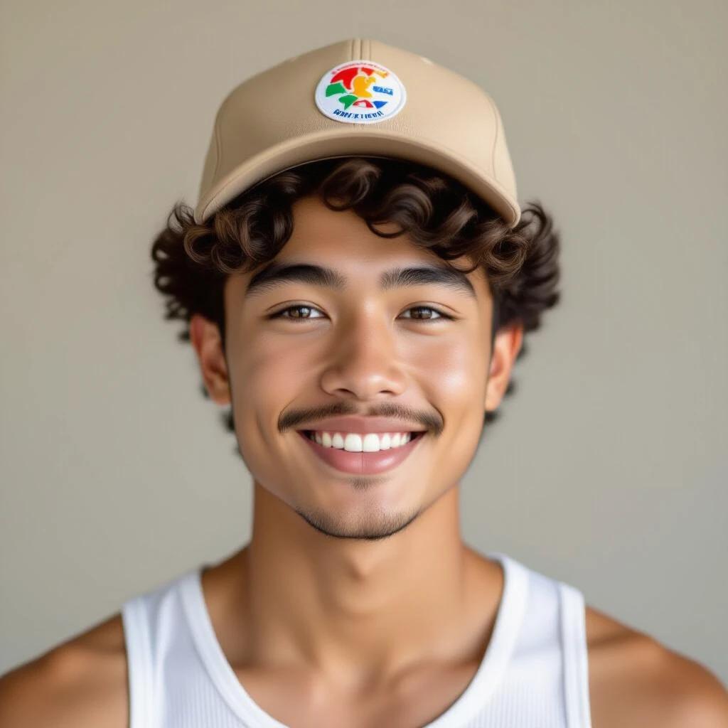Portrait of a young Filipino teen with curly hair and subtle mustache wearing a tan cap and white tank top. Clean background and natural smile. Soft lighting highlights sharp facial details.