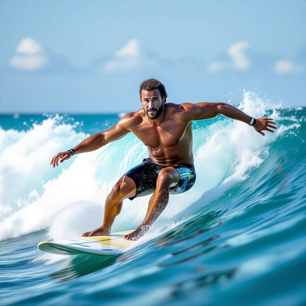 A muscular surfer rides a vibrant wave in the ocean. The sunlight creates a shimmering effect on the water. The scene captures the thrill of surfing and the beauty of the sea.