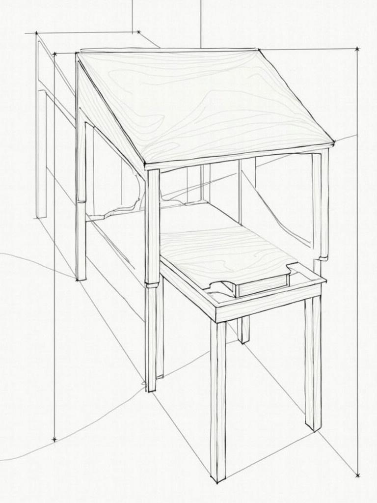 Draw a three-dimensional furniture structure. Use thick lines for foreground objects. Use thin lines for background objects. Highlight detailed sections with precise lines. Clearly define walls and structural features. Create depth by separating planes.